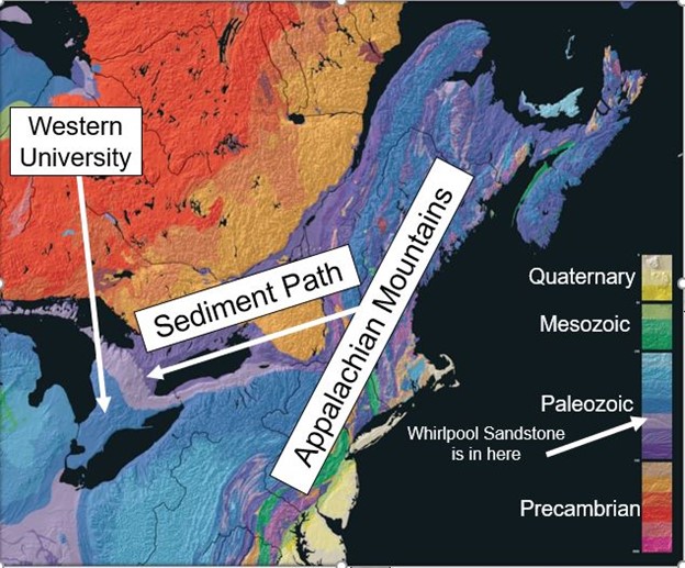 This map of Eastern Canada and the United States shows the expected path of sediment from the Appalachian Mountains to what is now Southern Ontario.
